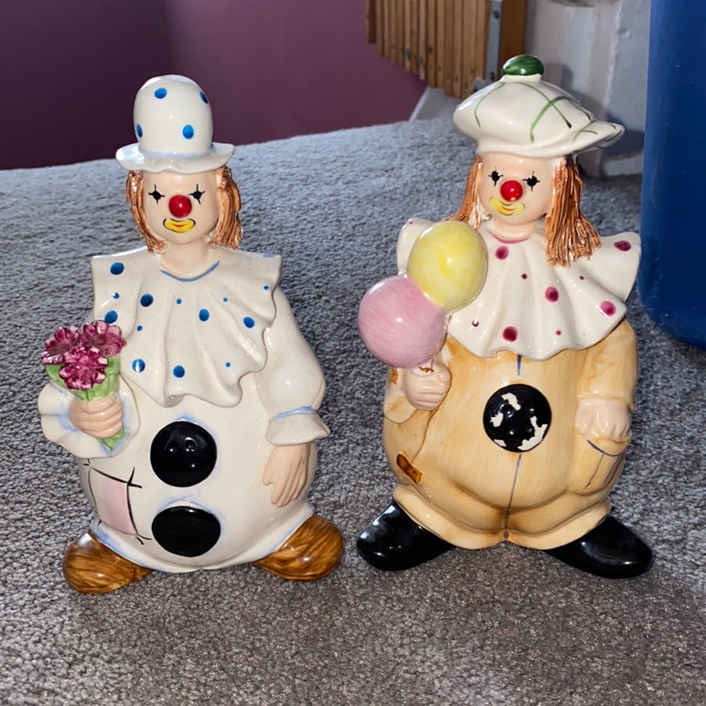 Set of 2 clown figurines. 6” tall